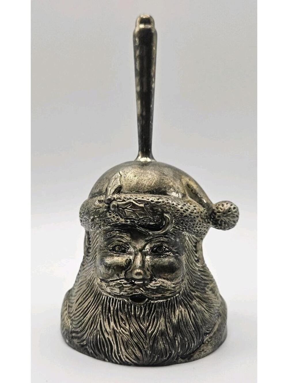 Enesco Silverplated Santa Claus Head  Face Heavy Metal Christmas Bell 5” Vintage